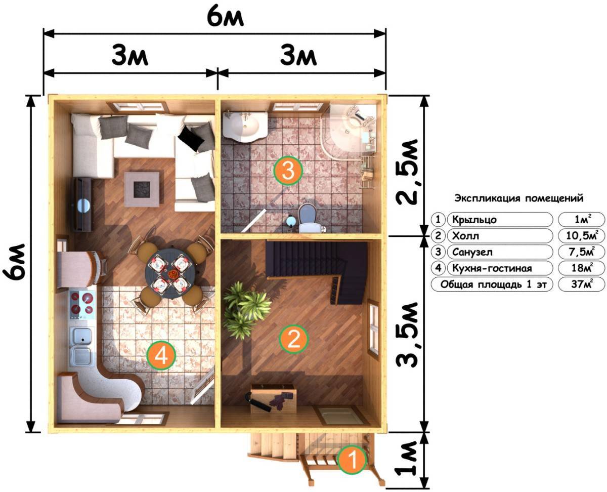планировка дома 6 на 6 одноэтажный с 2 спальнями