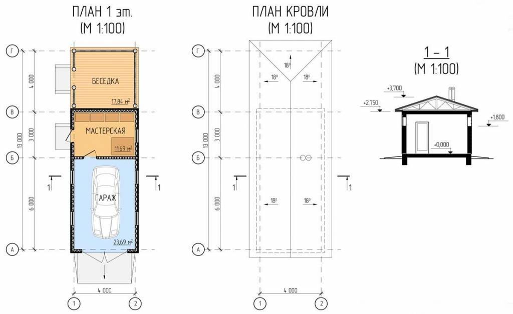 Проект гаража на 1 машину с хозблоком и подвалом