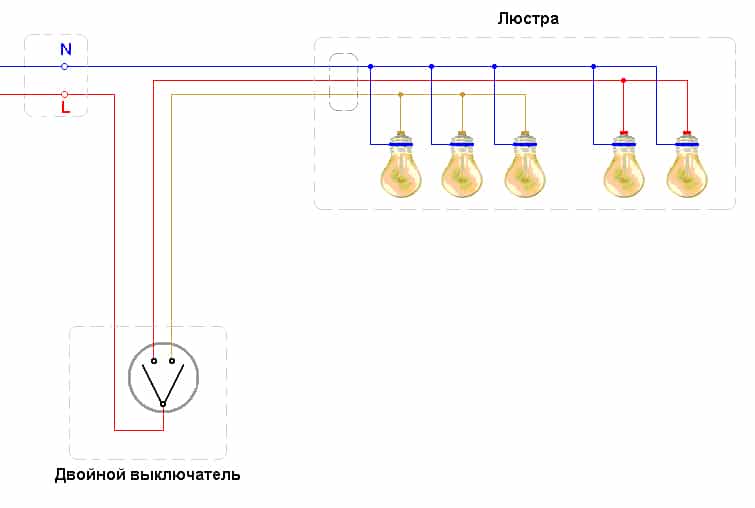 Схема подключения люстры на двухклавишный выключатель