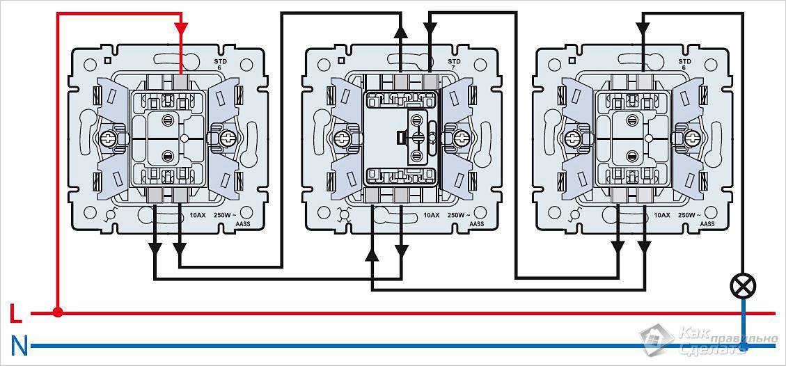 Переходной выключатель двухклавишный подключение Подключение проходного выключателя, схема подключения из двух и более мест