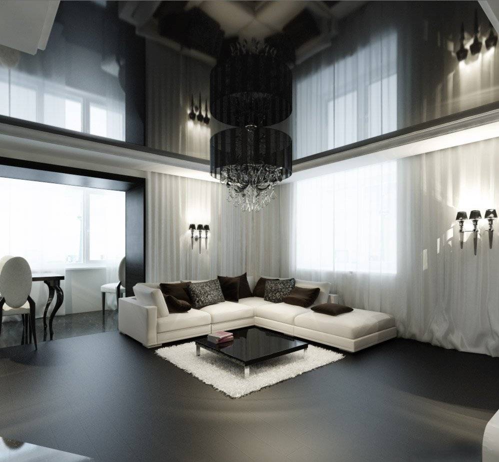 Черно-белый натяжной потолок: виды конструкций, фактур, форм, варианты дизайна