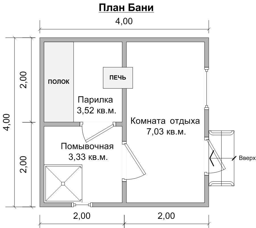 Проект бани с отдельной парилкой и моечной