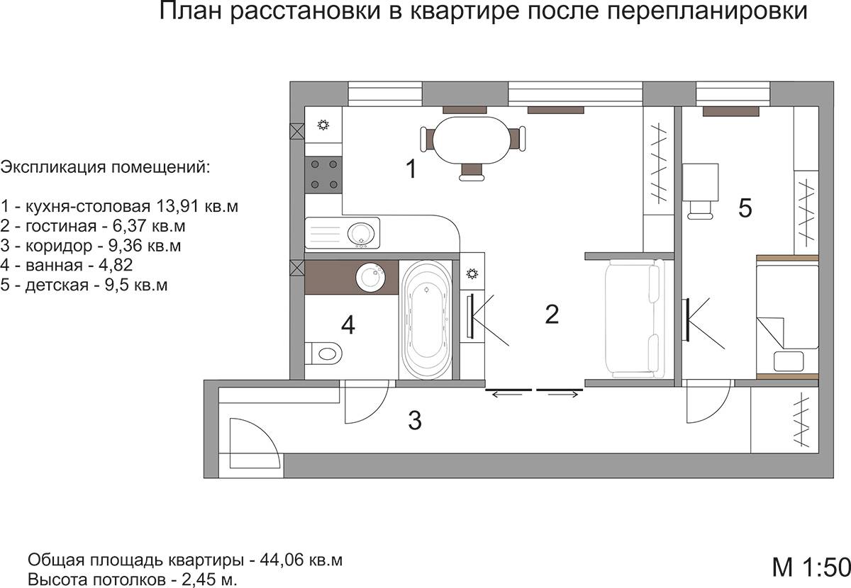 План двухкомнатной квартиры хрущевки с проходной комнатой с размерами