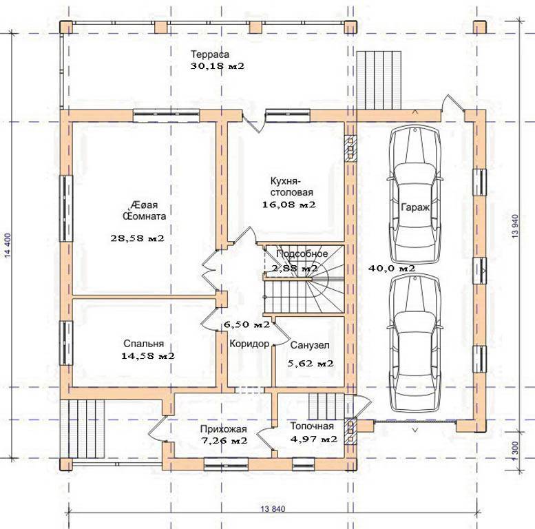 План двухэтажного дома с гаражом на 2 машины
