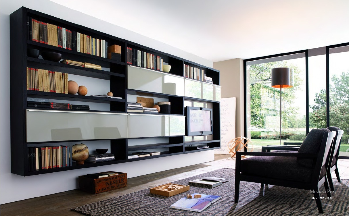 Стеллаж в гостиную: угловой и фото мебели для посуды, интерьер со шкафом и перегородкой, модуль сквозной, дизайн