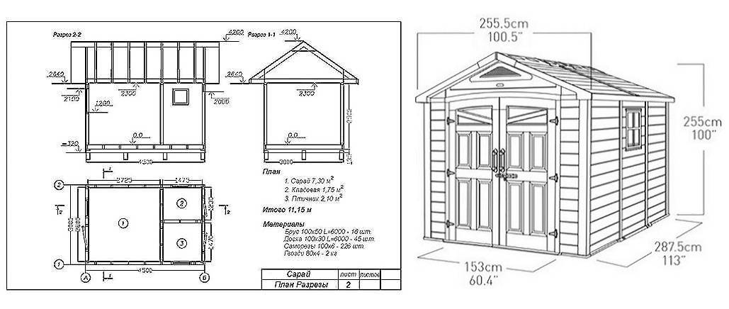 Чертежи сараев для дачи с размерами
