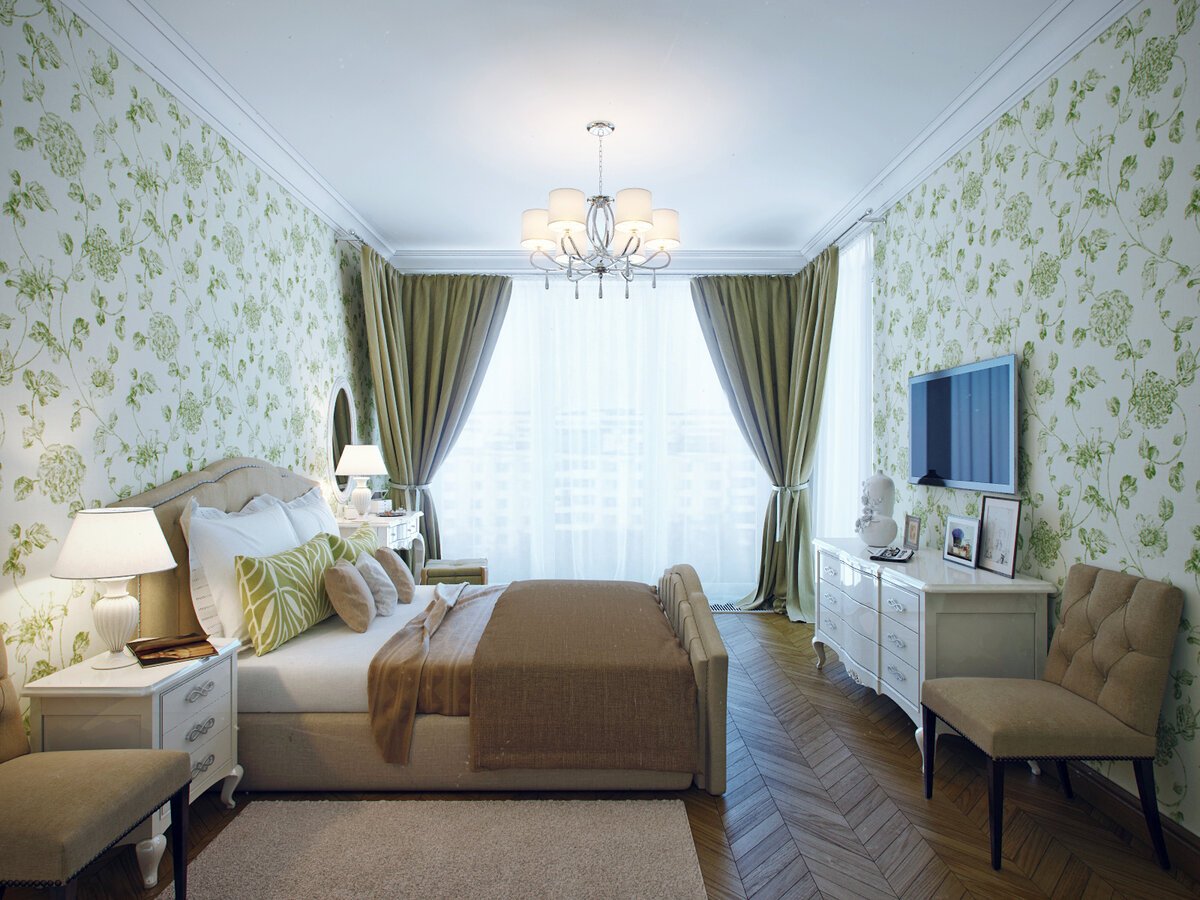 Темная спальня: фото интерьера со светлыми обоями и зелеными шторами