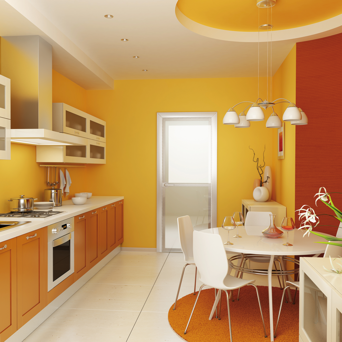 Какая лучшая краска для кухни. Оранжевый цвет в интерьере кухни. Цветовые решения в интерьере. Цвет стен на кухне. Кухнямв орандеых тонах.