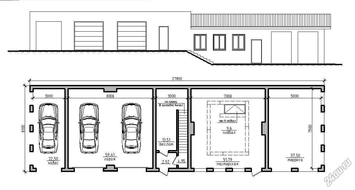 Проект гаража на 4 машины с мастерской