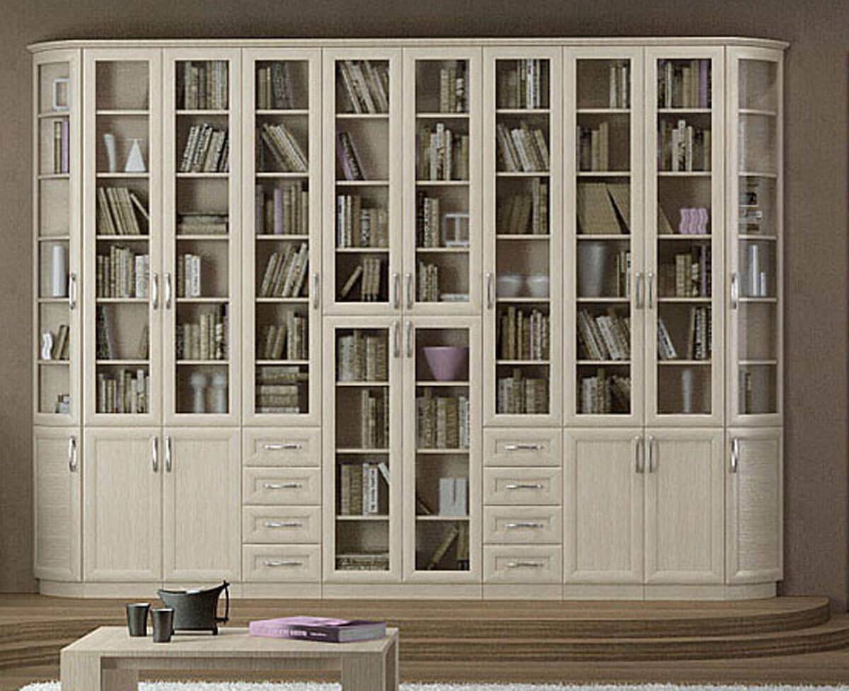 Угловой книжный шкаф, преимущества и недостатки, цветовое решение