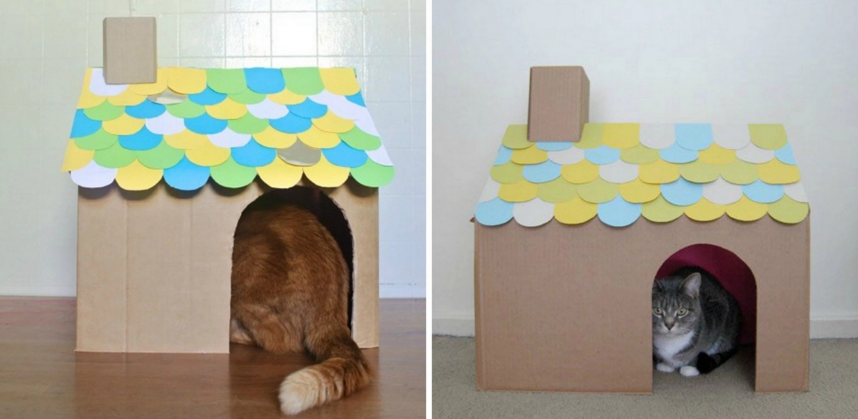 Домик для кошки из картона. Домик для кошки из картонной коробки. Дом для кошки из картона. Домик для котят из картона.