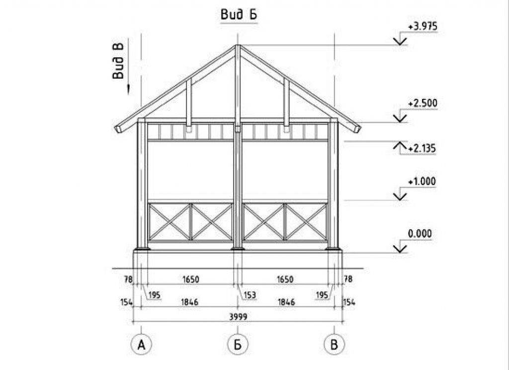 Чертеж беседки 3х3 из дерева с двухскатной крышей