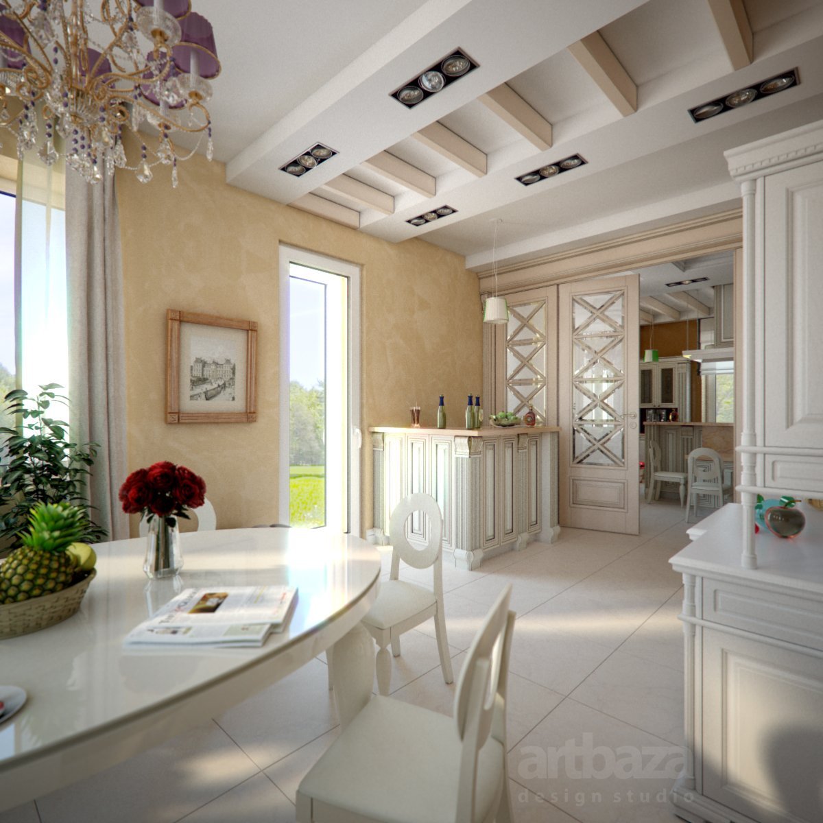 Интерьер загородного дома в классическом стиле: дизайн дома внутри, фото всех комнат в светлых тонах, эконом класса, с эркером