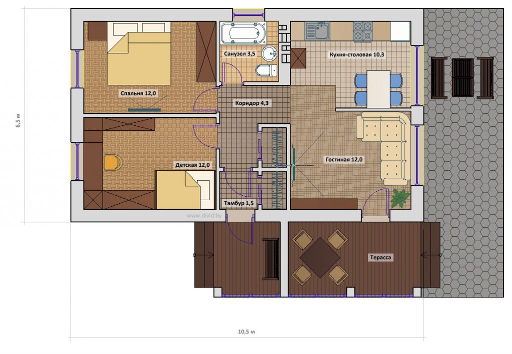 Планировка дома 8 на 10: проект на 2 спальни с котельной и лестницей на второй этаж