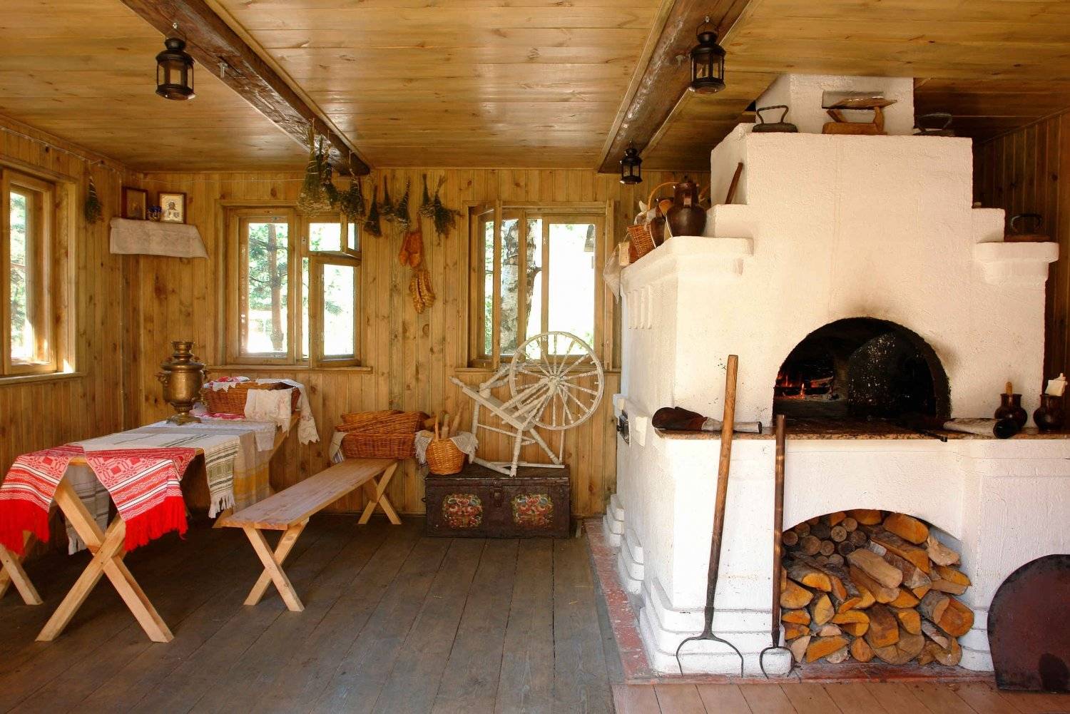 современный интерьер деревенского дома с печкой