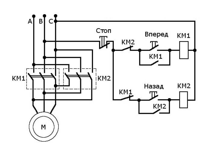 Схема подключения реверса трехфазного двигателя