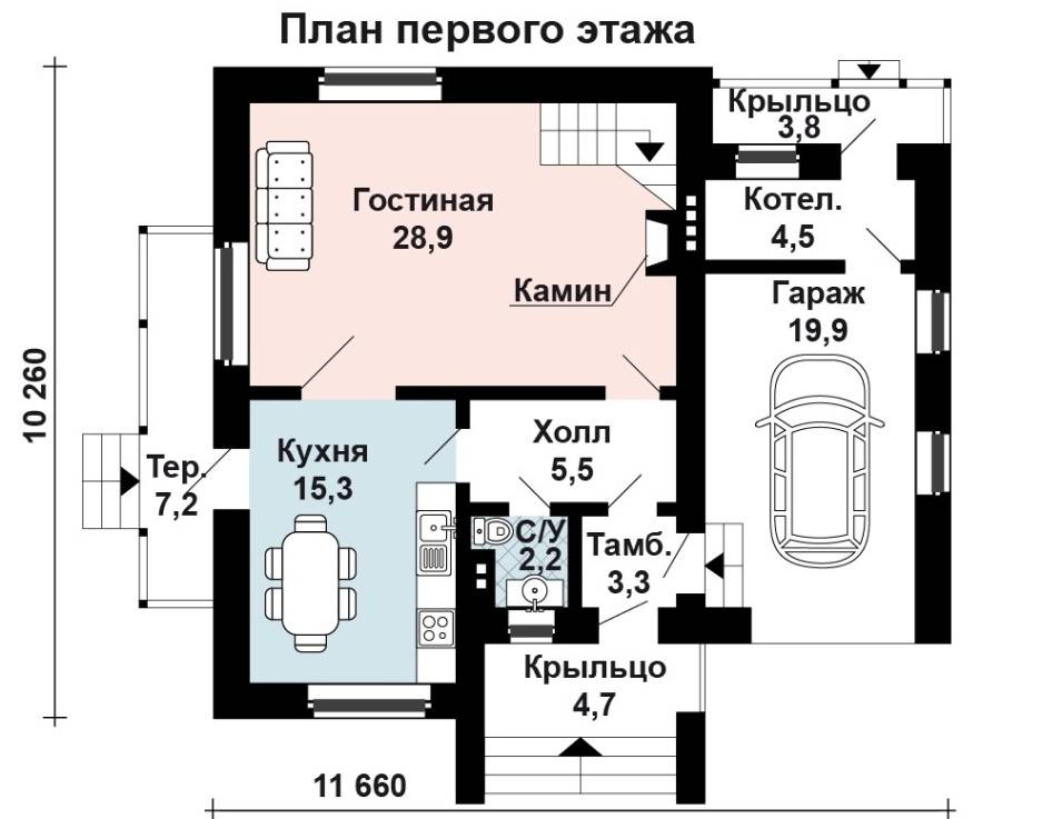 План дома 2 этажа с гаражом на 2 машины