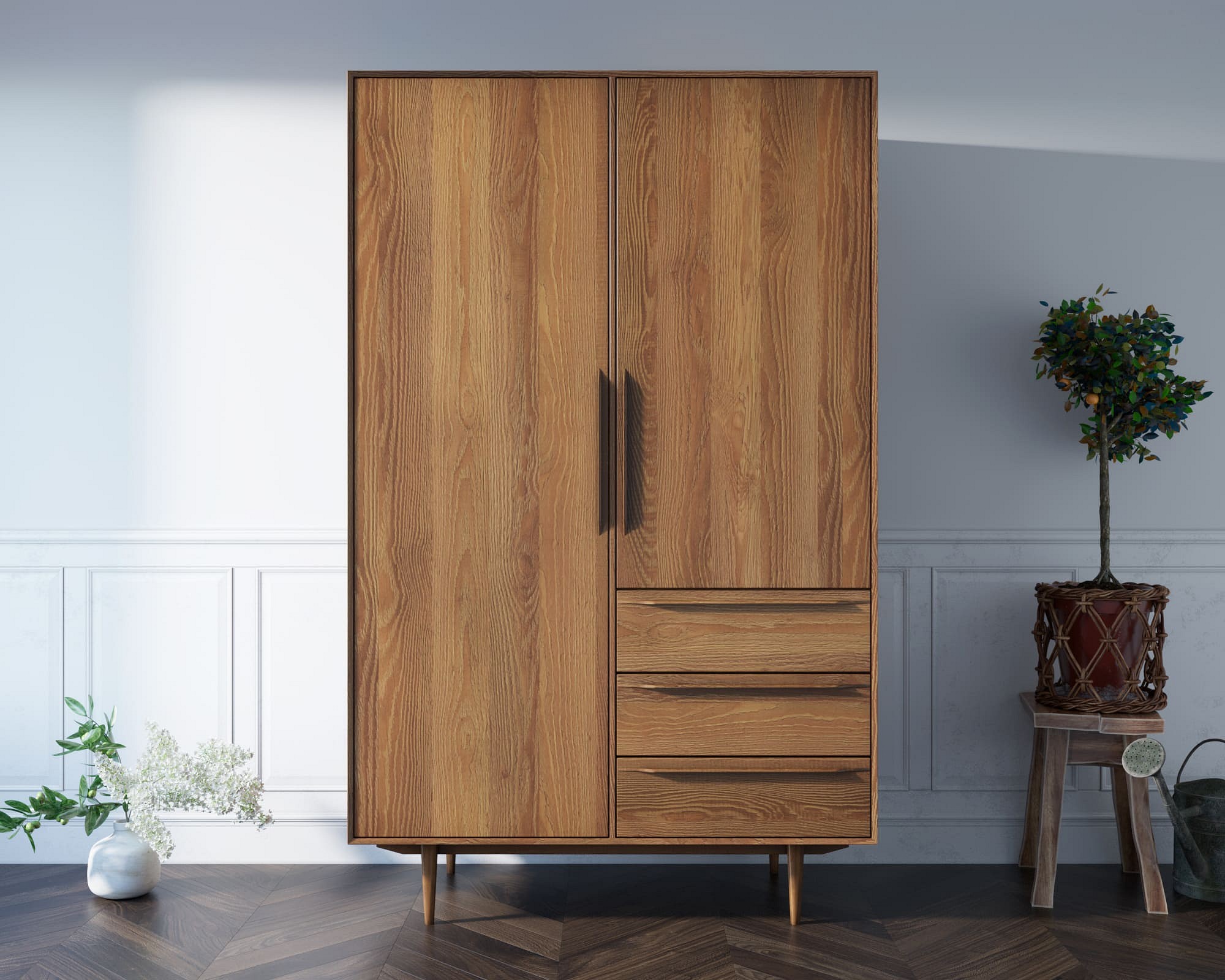 Двухстворчатые платяные шкафы: размеры двухдверных моделей с зеркалом из массива дерева